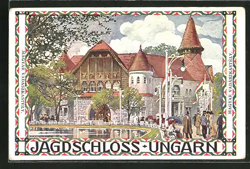 Künstler-AK H. Kalmsteiner: Wien, 1. Internationale Jagd-Ausstellung 1910, Jagdschloss Ungarn