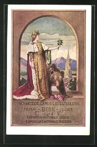AK Bern, Schweizer. Landes-Ausstellung 1914, Helvetia mit Bären
