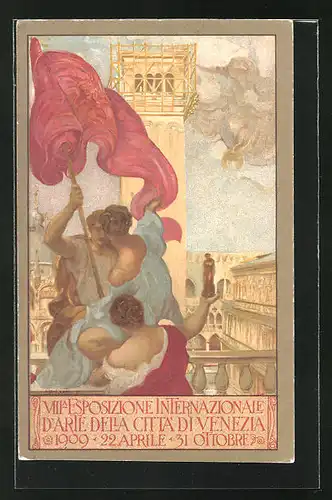 Lithographie Venezia, Esposizione Internazionale d' Arte della Citta di Venezia 1909, Menschen mit Fahne, Markusplatz