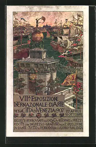 AK Venezia, VII. Esposizione Internationale d' Arte della Citta di Venezia 1907, Schiffe im Hafen, Ausstellung