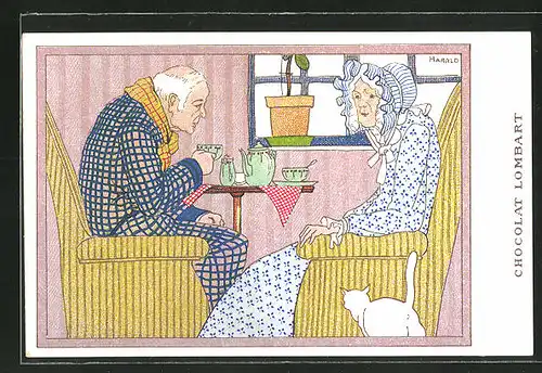 Künstler-AK Reklame Chocolat Lombart, altes Ehepaar am Tisch