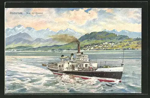 AK Dampfer Gisela auf Fahrt auf dem Ammersee mit Blick auf Diessen