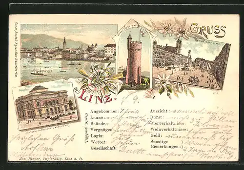 Lithographie Linz, Panorama, Franz Josef Warte a.d. Freinberg & Franz Josef Platz