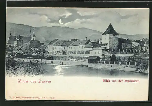 Mondschein-AK Leoben, Blick von der Murbrücke