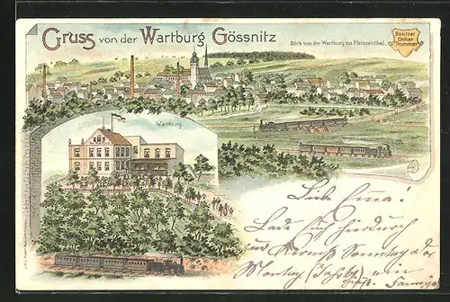 Lithographie Gössnitz, Gasthaus Wartburg, Bes. Oskar Trommer, Blick von der Wartburg ins Pleissenthal