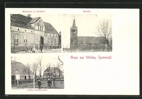 AK Werben / Spreewald, Bäckerei und Gasthof, Kirche, Amtsvorsteheramt