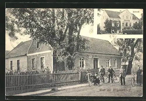 AK Wiesendorf, Männer und Frau auf Fahrrädern an einem Haus, Schlossansicht