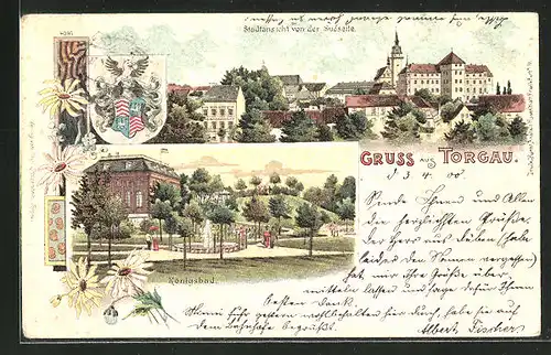 Lithographie Torgau, Stadtansicht von der Südseite, Königsbad und Wappen