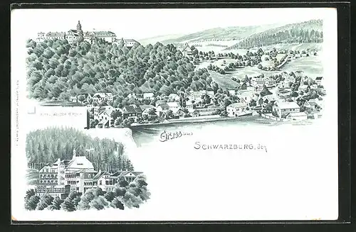 Lithographie Schwarzburg i. Th., Hotel Weisser Hirsch, Ortsansicht