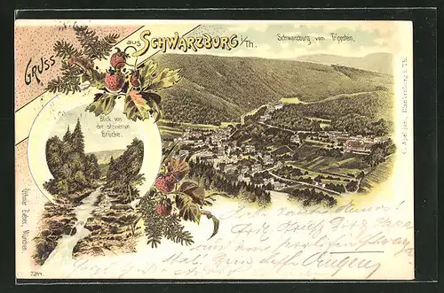 Lithographie Schwarzburg i. Th., Ortsansicht vom Trippstein aus, Blick von der steinernen Brücke