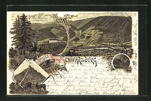 Lithographie Schwarzburg i. Th., Blick von der Bismarckhöhe auf Schloss Schwarzburg