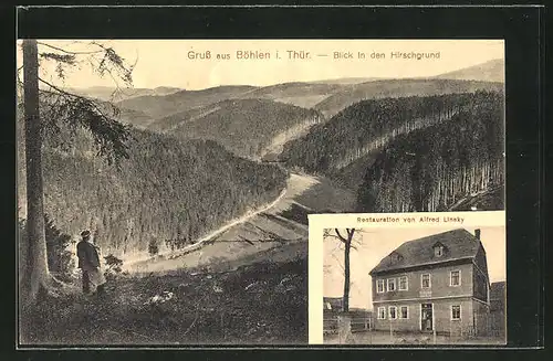 AK Böhlen i. Thür., Gasthaus von Alfred Linsky, Blick in den Hirschgrund