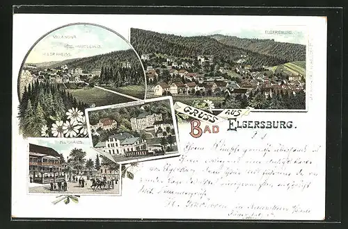 Lithographie Bad Elgersburg, Hotel Victoria, Teilansicht mit Hotel Herzog Ernst, Kurhaus