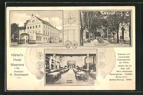 AK Meerane i. Sa., Härtel's Hotel, Bes. H. Naunapper, Konzert-Garten, Grosser Festsaal
