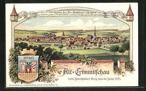 Lithographie Crimmitschau, Alt-Crimmitschau vom Lauenhainer-Berg aus im Jahre 1724