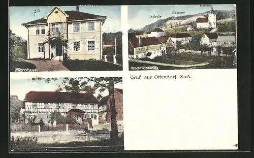 AK Ottendorf, Pfarrhaus, Schule, Postamt, Kirche, Gesamtansicht