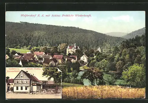 AK Wolfersdorf, Gasthaus v. Friedr. Fiedler, Ortsansicht mit Schloss Fröhliche Wiederkunft