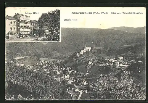 AK Schwarzburg / Thür. Wald, Am Gläsers Hotel, Blick vom Trippsteinhäuschen
