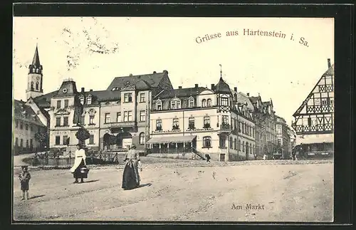 AK Hartenstein i. Sa., Am Markt mit Gasthaus zum goldenen Lamm