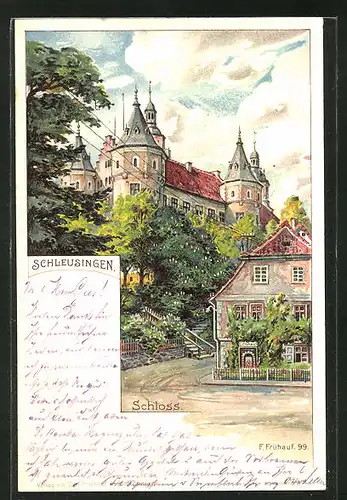 Lithographie Schleusingen, Ortspartie am Schloss