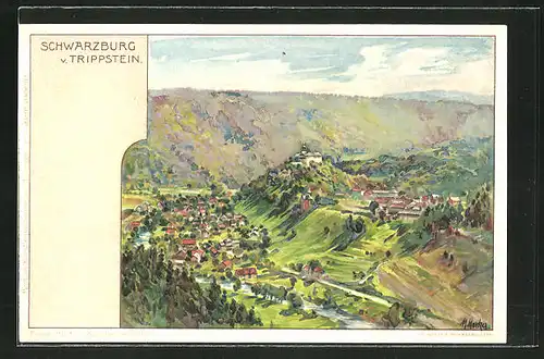 Lithographie Schwarzburg, Ortsansicht vom Trippstein gesehen