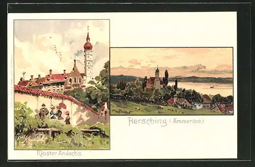 Künstler-AK Otto Strützel: Hersching / Ammersee, Partie am Kloster Andechs, Blick auf die Stadt