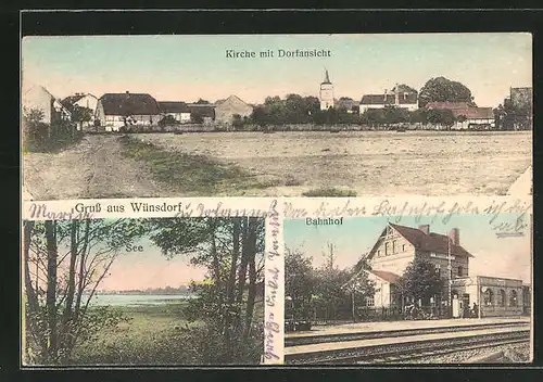 AK Wünsdorf, Bahnhof, Dorfansicht mit Kirche, See