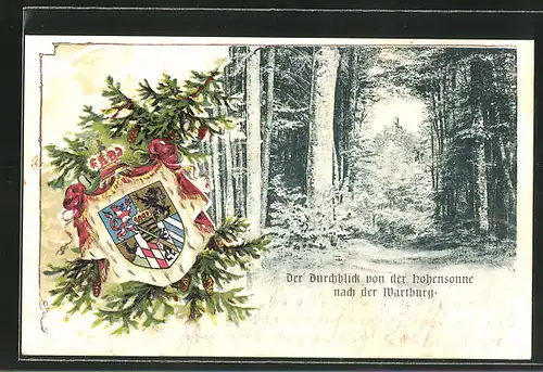 Passepartout-Lithographie Eisenach, Durchblick vom Hotel Hohensonne zur Wartburg, Wappen