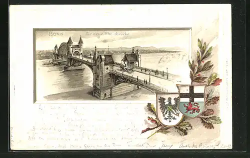 Passepartout-Lithographie Bonn, Neue Rheinbrücke mit Wappen