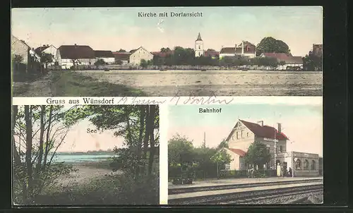 AK Wünsdorf, Ortsansicht mit Bahnhof und Kirche, Partie am See