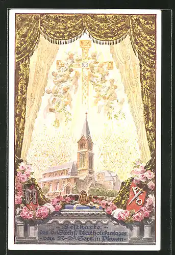 AK Plauen, Jubiläumskarte 6. Sächs. Katholikentag, Blick durch ein Fenster, Wappen