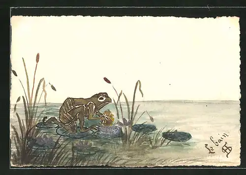 Künstler-AK Handgemalt: Frosch hüpft über die Seerosen auf dem Teich