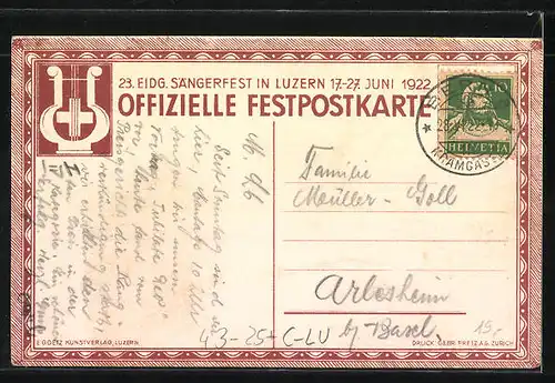 AK Luzern, 23. Eidg. Sängerfest 1922, Festwagen "Apollo" der Gesellschaft Fidelitas Luzern