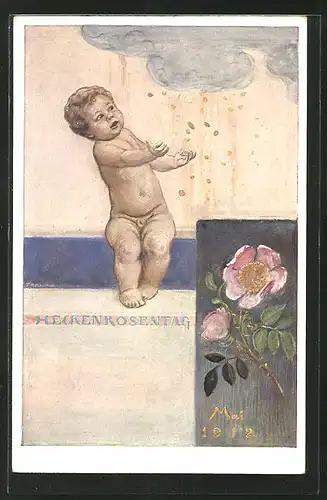 Künstler-AK Hermann Kaulbach: München, Heckenröschentag 1912, Kind fängt die Taler aus dem Himmel, Blumentag