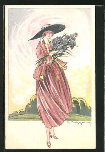 Künstler-AK sign. Muggam: schöne Frau mit grossem Hut und Blumenstrauss