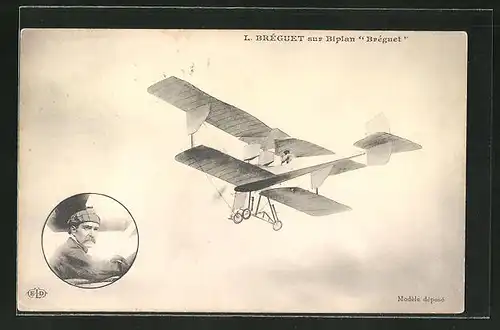 AK L. Bréguet sur Biplan "Bréguet", Flugzeug im ersten Flug mit Portrait des Piloten