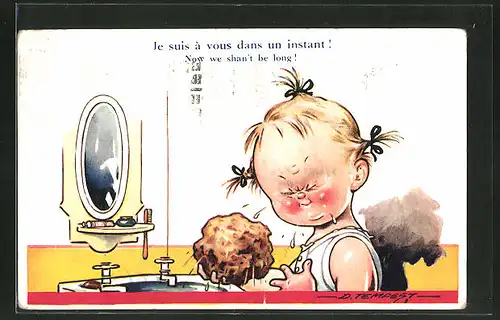 Künstler-AK Douglas Tempest: Mädchen wäscht sich mit einem Schwamm