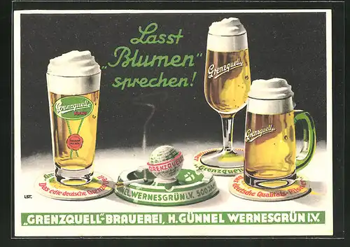 Künstler-AK Grenzquell-Brauerei, H. Günnel Wernesgrün i. V., Lasst Blumen sprechen