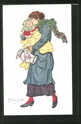 Künstler-AK sign. M. Lambrotte: Bruxelles, Types vus Hiver 1914-1915, Mutter mit ihrem Kinder