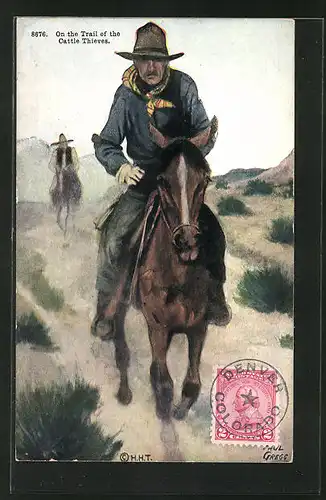 AK On the Trail of the Cattle Thieves, Cowboys preschen auf Pferden durch die Steppe