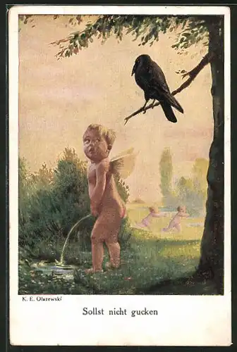 AK Sollst nicht gucken, kleiner Engel pinkelt in einen Teich und wird von einer Krähe beobachtet, Toilettenhumor