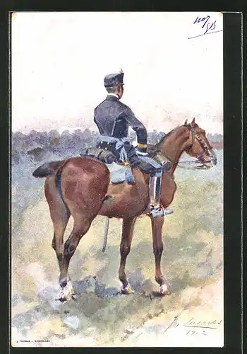 Künstler-AK Spanischer Kavallerist in Uniform, Ansicht von hinten