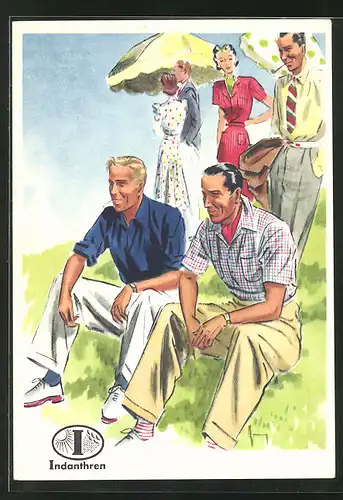AK Reklame für Indanthrenfarbige Kleidung, Männer in sommerlichen Hosen und Hemden sitzen im Gras