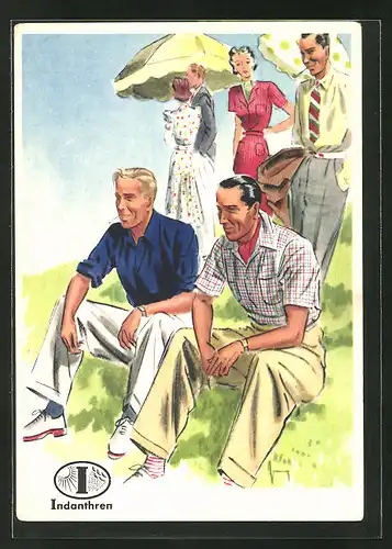 AK Reklame für Indanthrenfarbige Kleidung, Männer in sommerlicher Kleidung sitzen im Gras
