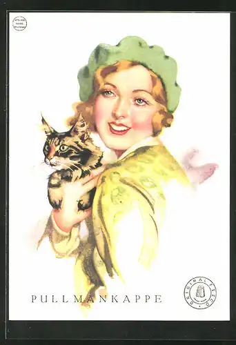 AK Reklame für Original Fezco Pullmannkappe, Junge Dame mit Katze auf dem Arm, Art Deco
