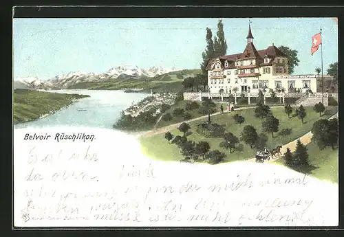 Lithographie Rüschlikon, Hotel Belvoir mit Gebirge im Hintergrund