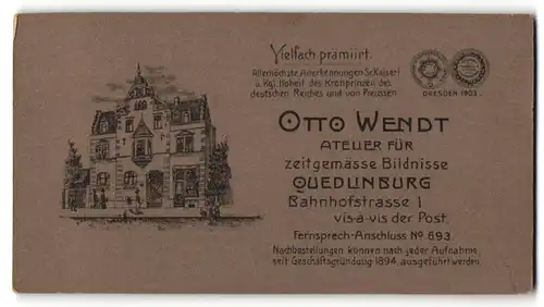 Fotografie Otto Wendt, Quedlinburg, rückseitige Ansicht Quedlinburg, Atelier Bahnhofstr. 1, vorderseitig Portrait