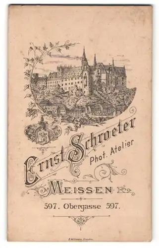 Fotografie Ernst Schroeter, Meissen, rückseitige Ansicht Meissen, Albrechtsburg, vorderseitig Portrait