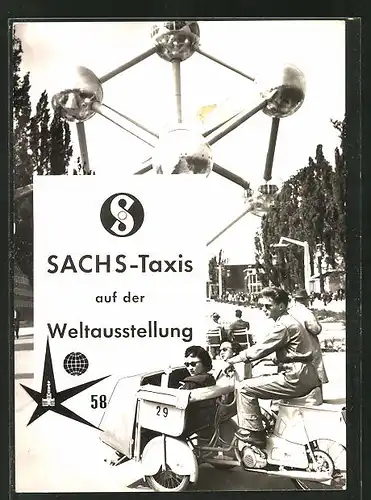 AK Brüssel, Weltausstellung 1958, Motorrad Sachs-Taxis auf dem Ausstellungsgelände