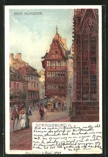 Künstler-Lithographie sign. A. Erdmann: Strassburg, Partie beim Münster